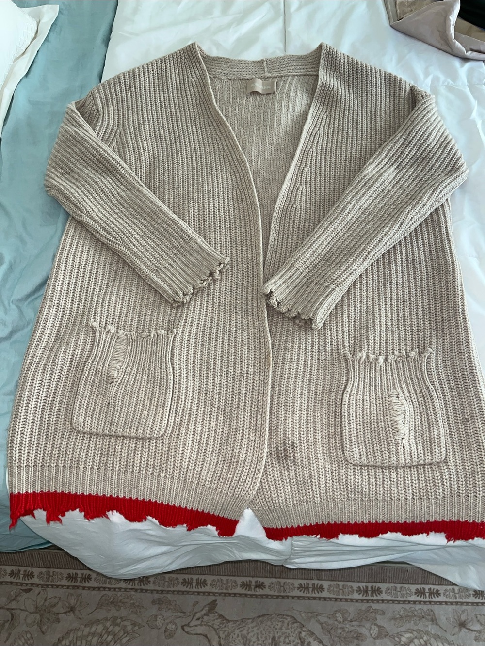 Zadig & Voltaire Oatmeal colored Open-Front Knit Cardigan with Cherry Red Trim